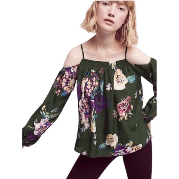 Anthropologie Maeve Tallie Floral Silk Cold Shoulder Top Size M - Picture 1 of 10
